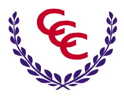 Three interlocking red "Cs" inside blue V-shaped laurel wreath Three interlocking red "Cs" inside blue V-shaped laurel wreath